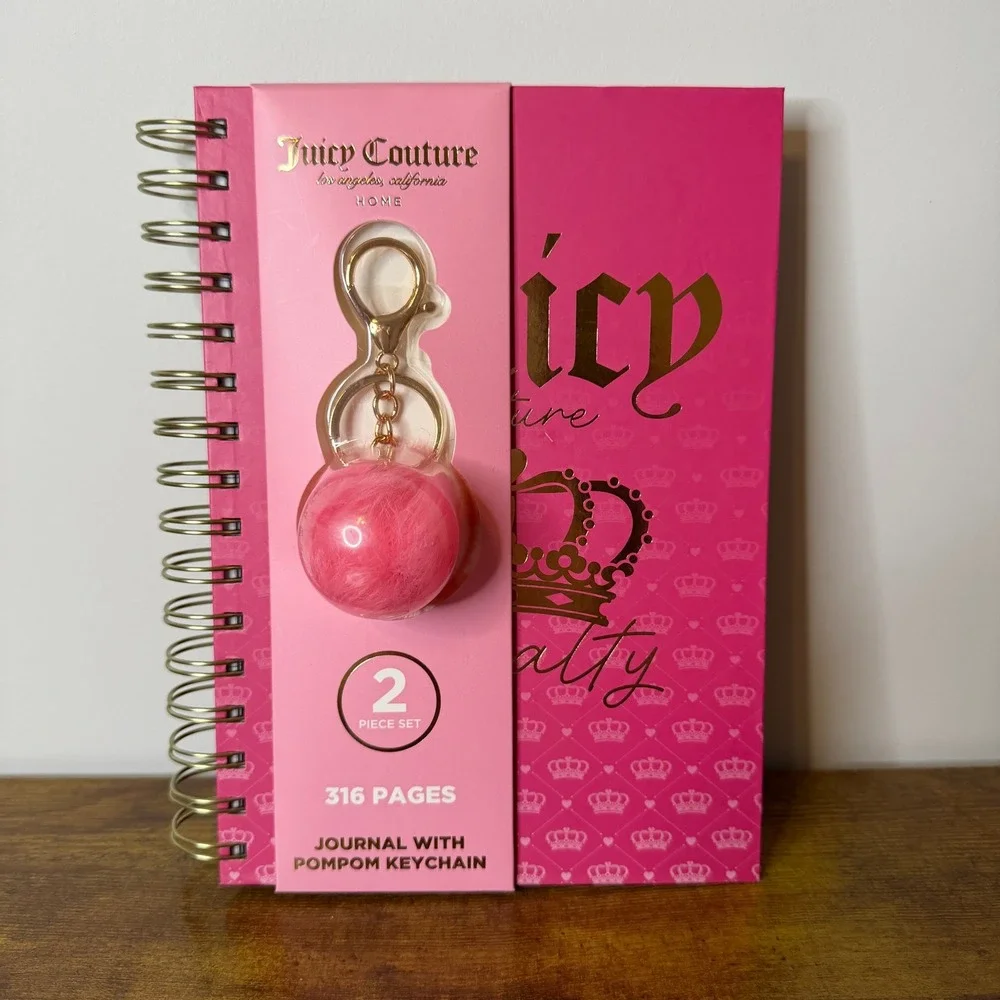 New Juicy Couture Spiral Notebook Journal Pink Gold Crown Pom Charm Stationery